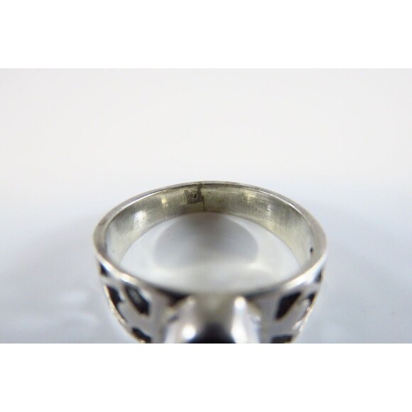 Vintage Oval Onyx Cabochon Solitaire Pierced Sterling Silver Ring Size 7.25 - Picture 6 of 11